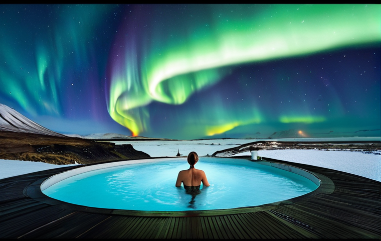 **Image:** A serene thermal spa in Iceland with a person relaxing in the Blue Lagoon, surrounded by volcanic landscapes and steam, under the Northern Lights. Focus on the contrast between the warm water and the cold environment.