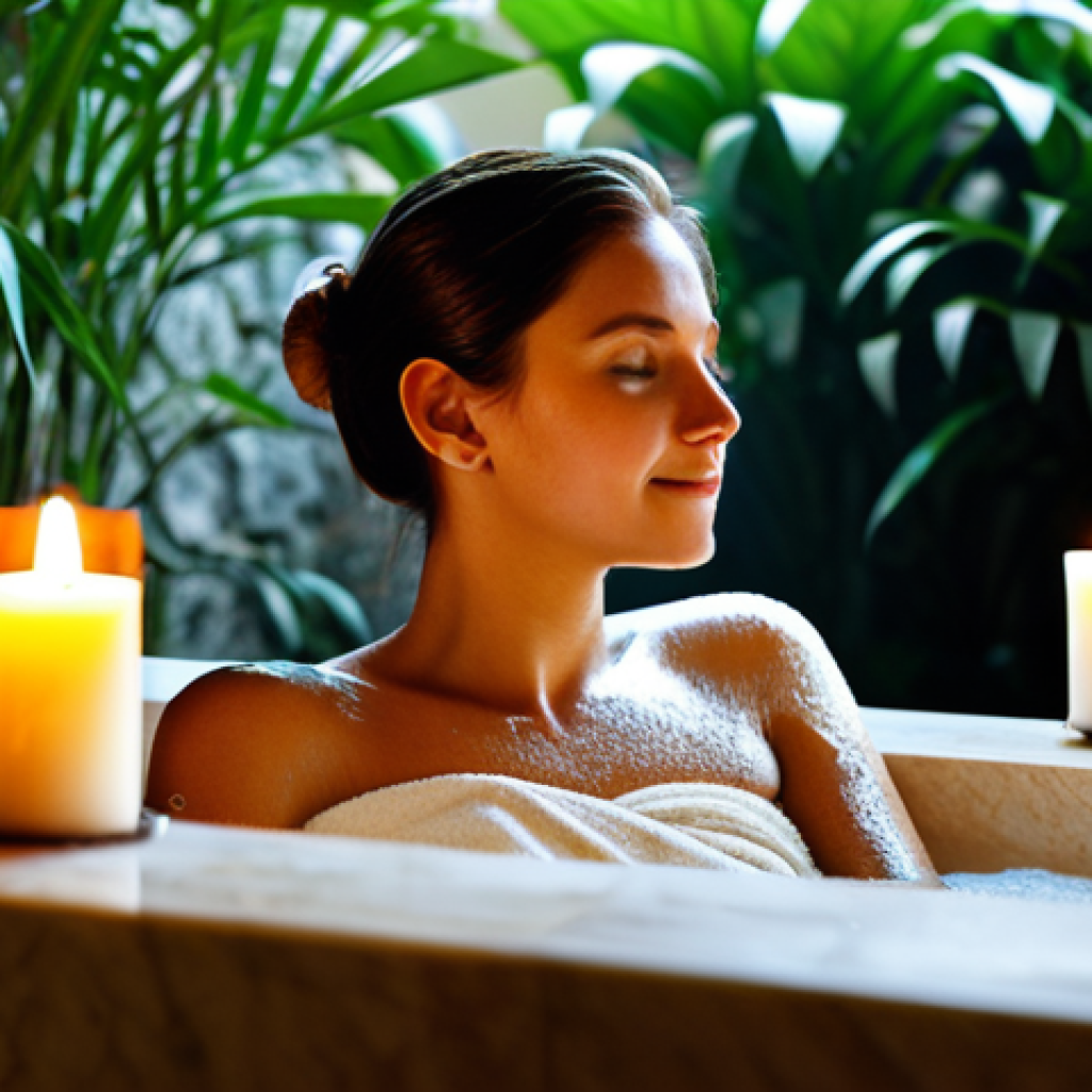 Radiant Skin Ritual**

A woman relaxing in a luxurious bathtub filled with mineral-rich bath salts, fully clothed in a modest spa wrap, surrounded by candles and soft lighting. Focus on her serene expression and the glowing skin. Background: A modern bathroom with natural stone accents and lush greenery. Quality modifiers: professional photography, natural skin tones, perfect anatomy, safe for work, appropriate content, family-friendly, fully clothed, modest, professional.

**
