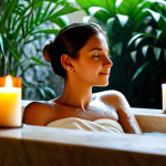 Radiant Skin Ritual**

A woman relaxing in a luxurious bathtub filled with mineral-rich bath salts, fully clothed in a modest spa wrap, surrounded by candles and soft lighting. Focus on her serene expression and the glowing skin. Background: A modern bathroom with natural stone accents and lush greenery. Quality modifiers: professional photography, natural skin tones, perfect anatomy, safe for work, appropriate content, family-friendly, fully clothed, modest, professional.

**