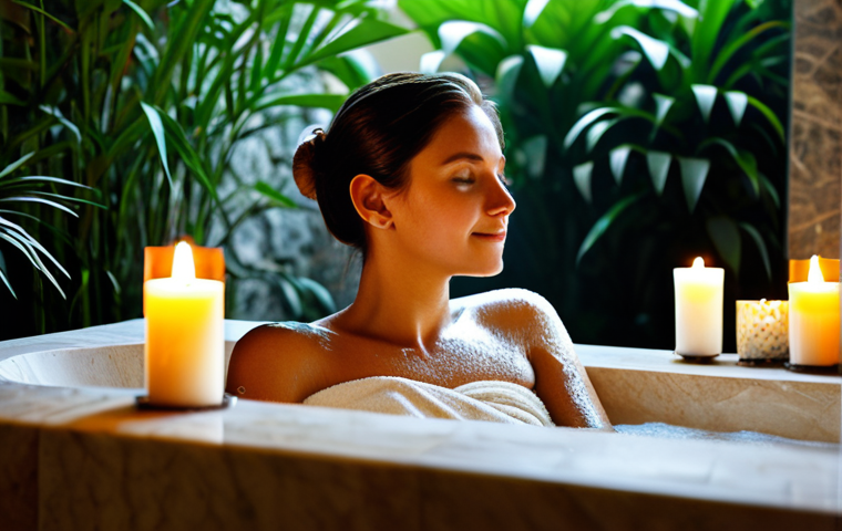Radiant Skin Ritual**

A woman relaxing in a luxurious bathtub filled with mineral-rich bath salts, fully clothed in a modest spa wrap, surrounded by candles and soft lighting. Focus on her serene expression and the glowing skin. Background: A modern bathroom with natural stone accents and lush greenery. Quality modifiers: professional photography, natural skin tones, perfect anatomy, safe for work, appropriate content, family-friendly, fully clothed, modest, professional.

**