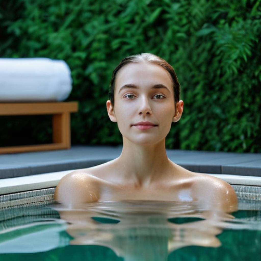 **
A woman with clear skin, fully clothed in modest attire suitable for a spa setting, relaxing in a serene thermal bath. Lush greenery surrounds the outdoor pool. Soft, diffused lighting. safe for work, appropriate content, professional. Perfect anatomy, correct proportions, natural pose, well-formed hands, proper finger count, natural body proportions, high quality, realistic.
**