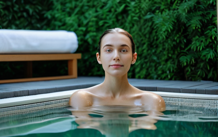 **
A woman with clear skin, fully clothed in modest attire suitable for a spa setting, relaxing in a serene thermal bath. Lush greenery surrounds the outdoor pool. Soft, diffused lighting. safe for work, appropriate content, professional. Perfect anatomy, correct proportions, natural pose, well-formed hands, proper finger count, natural body proportions, high quality, realistic.
**