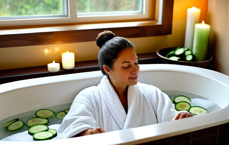 온천과 미용 - Relaxing Bath**

A woman in a cozy bathroom, fully clothed in a comfortable robe. She's enjoying a r...