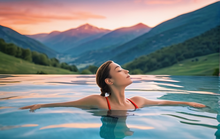 온천 후기 - **Prompt 1: Majestic Pyrenees Thermal Serenity**
    "A person in a tasteful, modest one-piece swims...