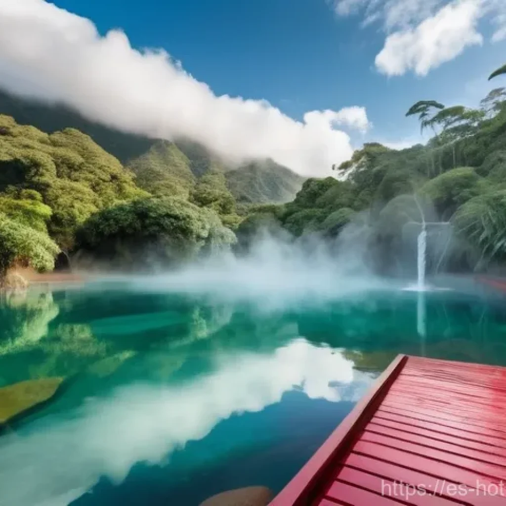 온천과 자연의 에너지 - A serene natural hot spring in a lush, verdant Latin American mountain landscape. Red wooden walkway...