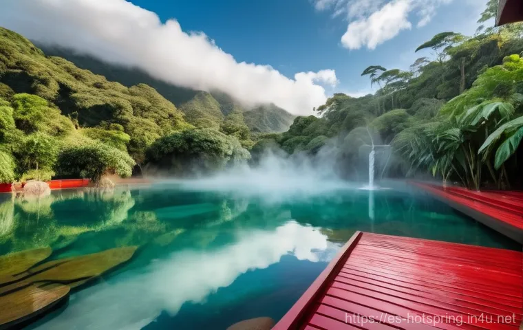 온천과 자연의 에너지 - A serene natural hot spring in a lush, verdant Latin American mountain landscape. Red wooden walkway...