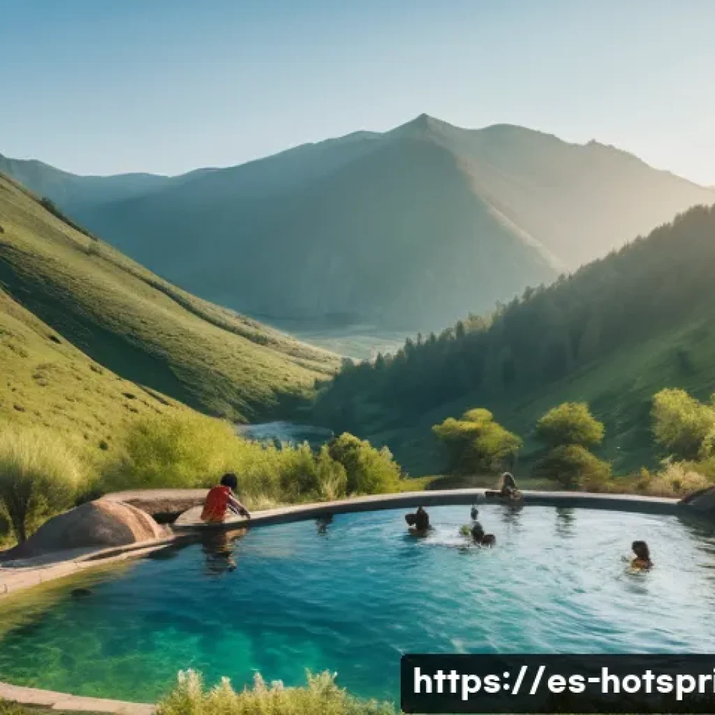 온천 마사지 체험 - **Prompt:** A serene, panoramic view of a natural outdoor thermal spring nestled amidst lush, verdan...