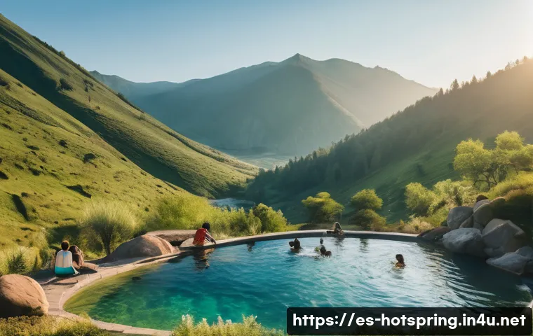 온천 마사지 체험 - **Prompt:** A serene, panoramic view of a natural outdoor thermal spring nestled amidst lush, verdan...