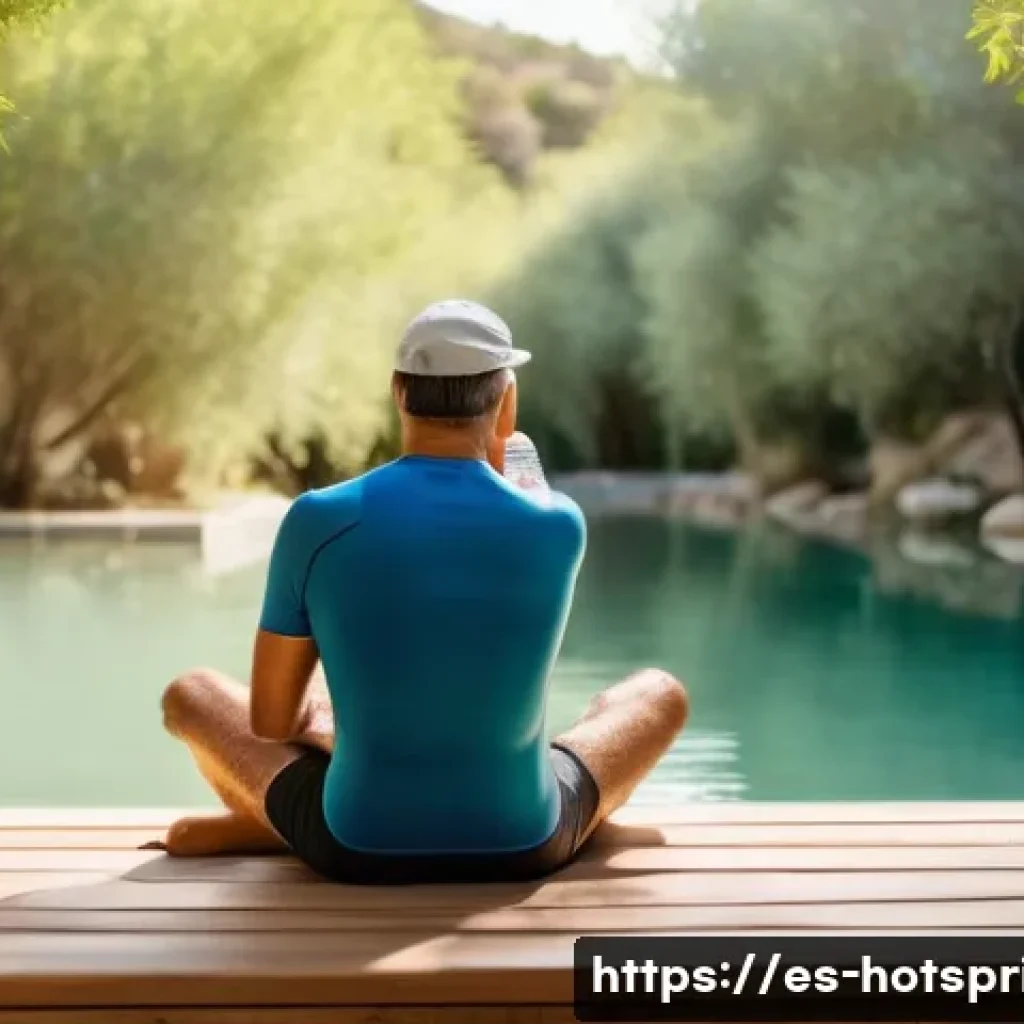 온천 방문 시 주의사항 - A serene spa scene featuring a middle-aged Hispanic man wearing a quick-dry technical swimsuit and n...