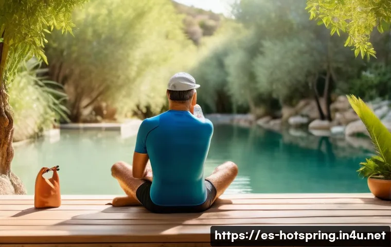 온천 방문 시 주의사항 - A serene spa scene featuring a middle-aged Hispanic man wearing a quick-dry technical swimsuit and n...