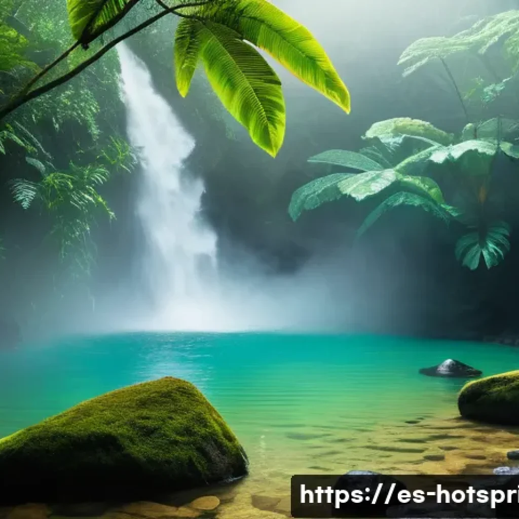 온천과 자연 환경 - A serene natural hot spring scene in a lush Costa Rican rainforest during early morning mist, featur...
