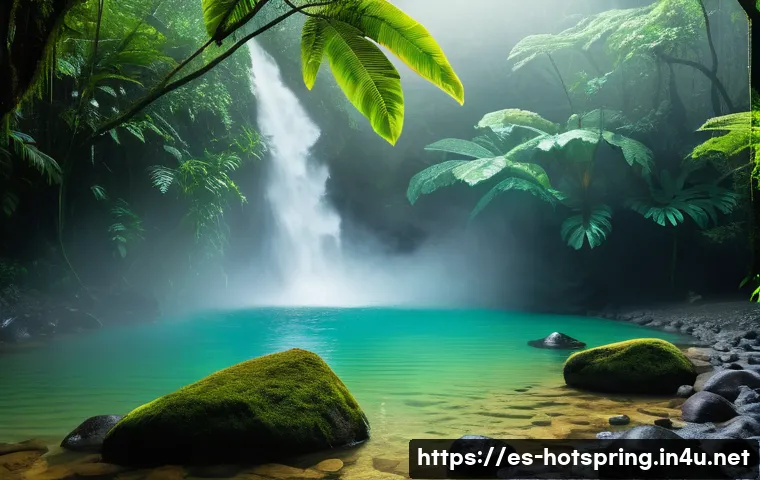 온천과 자연 환경 - A serene natural hot spring scene in a lush Costa Rican rainforest during early morning mist, featur...