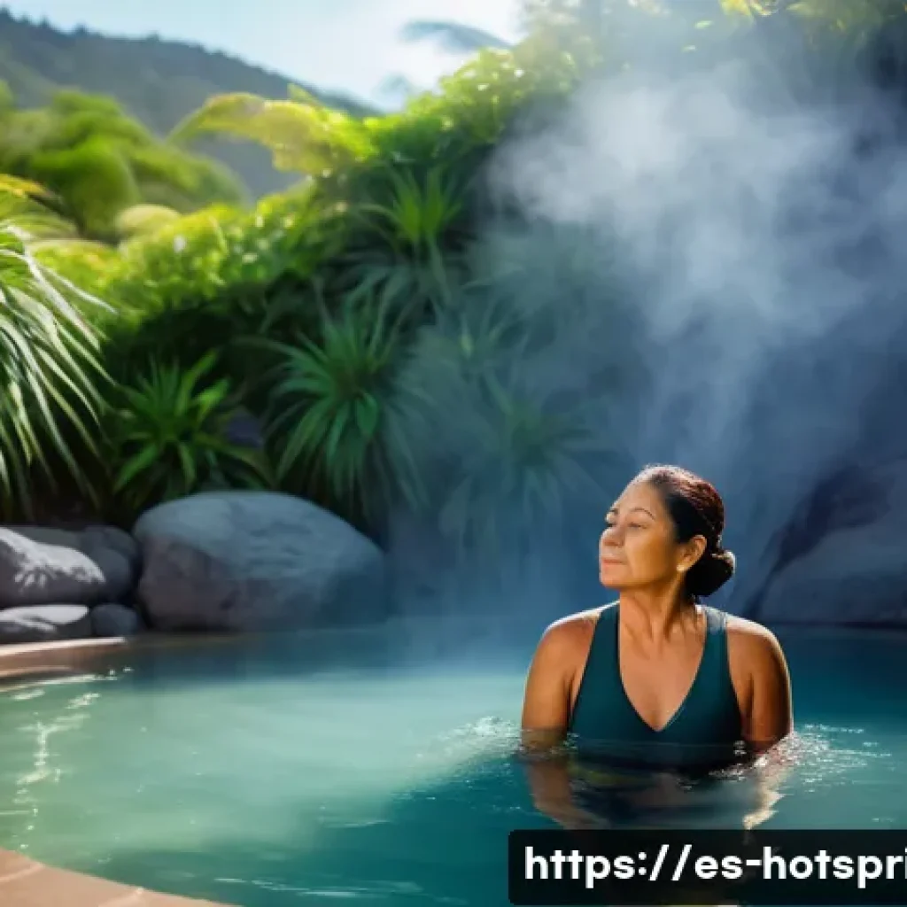 온천을 이용한 재활 프로그램 - A serene thermal spa scene featuring a middle-aged Hispanic woman wearing a modest swimsuit, gently ...