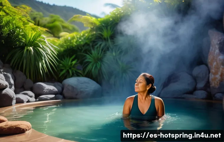 온천을 이용한 재활 프로그램 - A serene thermal spa scene featuring a middle-aged Hispanic woman wearing a modest swimsuit, gently ...