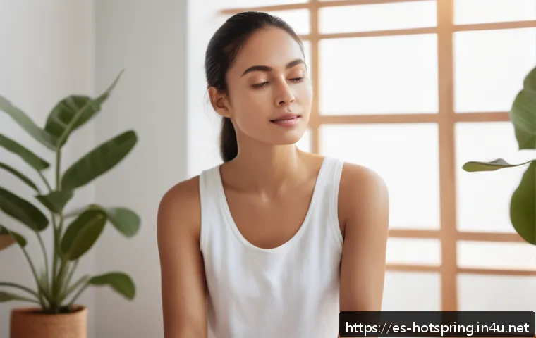 온천과 물의 치유력 - A serene spa scene featuring a young Hispanic woman with smooth, hydrated skin, gently misting her f...