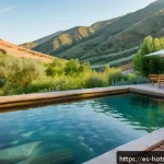 온천과 예술 체험 - A serene outdoor thermal spa scene set in the lush green mountains of La Rioja, Spain during early m...