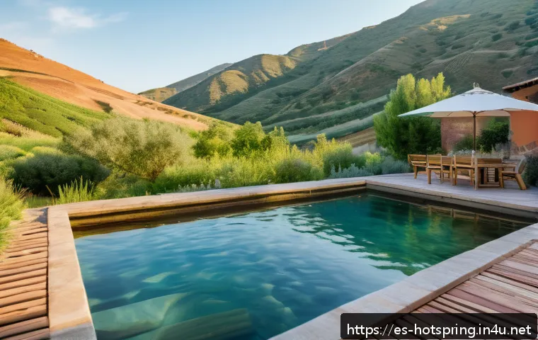 온천과 예술 체험 - A serene outdoor thermal spa scene set in the lush green mountains of La Rioja, Spain during early m...