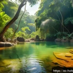 온천 지역 특징 - A serene natural hot spring setting in a lush forest in Latin America, featuring a diverse group of ...