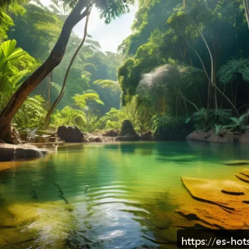 온천 지역 특징 - A serene natural hot spring setting in a lush forest in Latin America, featuring a diverse group of ...