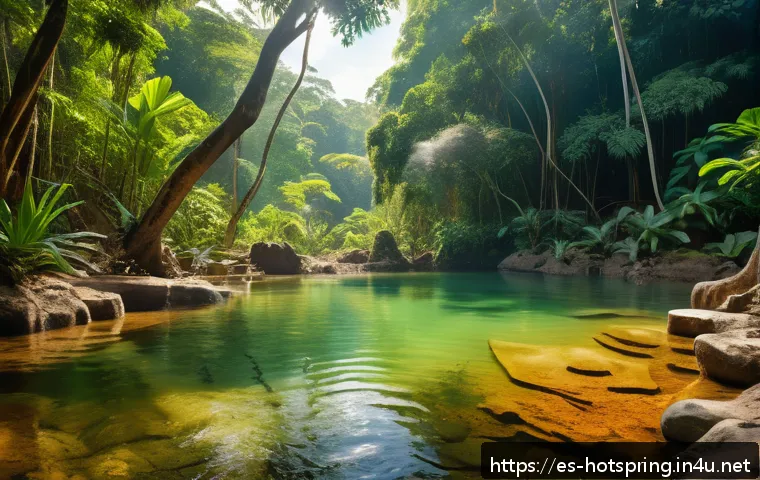온천 지역 특징 - A serene natural hot spring setting in a lush forest in Latin America, featuring a diverse group of ...