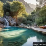 온천 마사지 팁 - A serene outdoor thermal spa scene at sunrise in a lush mountainous region of Spain, featuring a div...