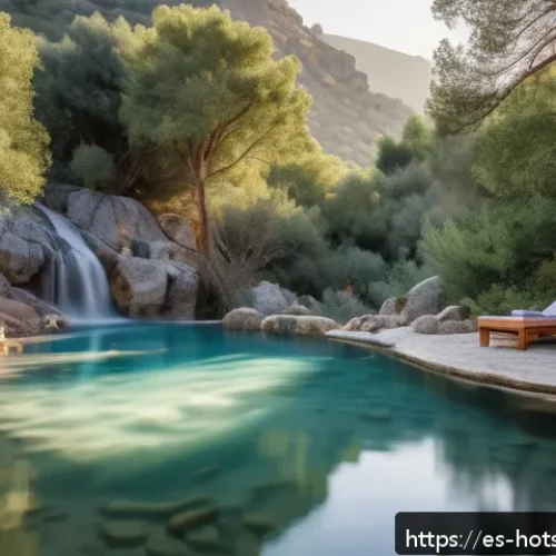온천 마사지 팁 - A serene outdoor thermal spa scene at sunrise in a lush mountainous region of Spain, featuring a div...