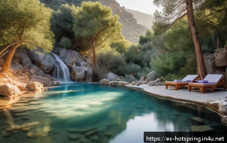 온천 마사지 팁 - A serene outdoor thermal spa scene at sunrise in a lush mountainous region of Spain, featuring a div...