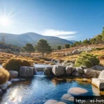온천과 대자연의 조화 - A serene natural hot spring nestled in the Sierra de Gredos mountains, Spain, featuring steaming sul...