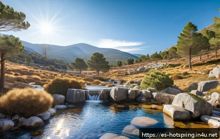 온천과 대자연의 조화 - A serene natural hot spring nestled in the Sierra de Gredos mountains, Spain, featuring steaming sul...