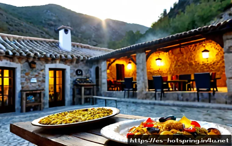 온천 근처의 맛집 추천 - Photorealistic inviting Spanish mountain hot spring village restaurant exterior at golden hour, rust...