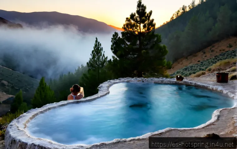 핫스프링과 자연 탐방 - Photorealistic natural hot spring in a quiet Spanish mountain valley, crystal-clear steaming mineral...