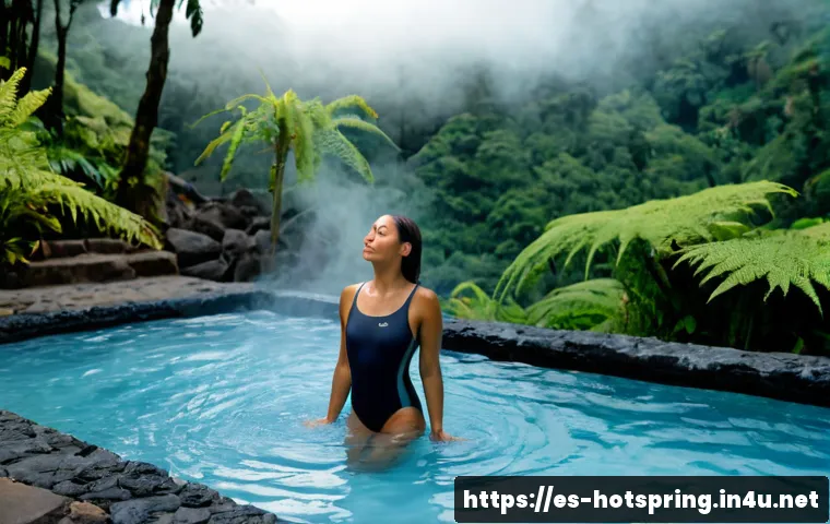 Home 31 핫스프링과 심리적 치유 - Photorealistic tranquil thermal spring in a lush Costa Rican mountain valley, an adult woman in a mo...