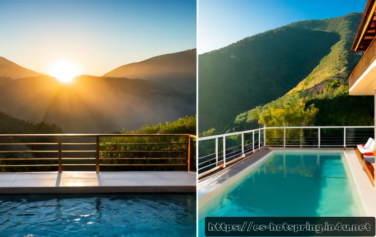 Home 17 온천 및 숙소 비교 - Photorealistic split-scene comparison of a Spanish thermal spa experience: left side a serene outdoo...